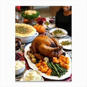 An Inviting Traditional Thanksgiving Feast Is Spread Out Highlighting A Tenderly Roasted Turkey Wit (4) Canvas Print