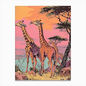 Pink Giraffe Sunset Illustration Canvas Print