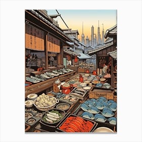 Tsukiji Fish Market, Japan Vintage Travel Art 2 Canvas Print