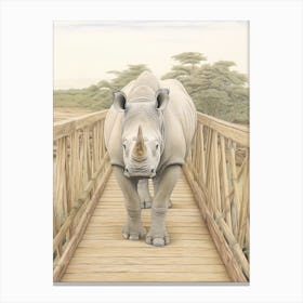 Rhino Walking Across A Wooden Bridge Illustration 3 Canvas Print