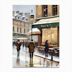 Paris cafes, winter season, Christmas, autumn oil colors, pale colors, pedestrians in the street, winter clothes, falling snow.2 1 Canvas Print