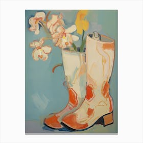 Painting Of White Flowers And Cowboy Boots, Oil Style 4 Canvas Print