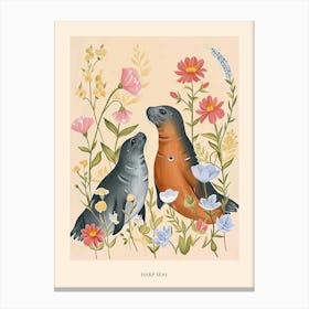 Folksy Floral Animal Drawing Harp Seal Poster Canvas Print