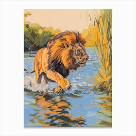 Southwest African Lion Crossing A River Fauvist Painting 1 Canvas Print