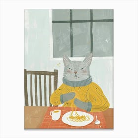 Grey Cat Eating Pasta Folk Illustration 3 Canvas Print