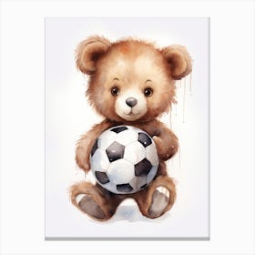 Football Soccer Ball Teddy Bear Painting Watercolour 5 Canvas Print