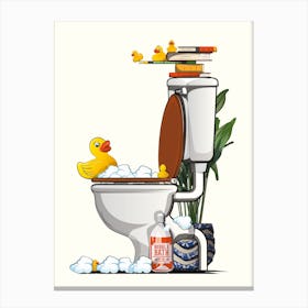 Rubber Ducks Swimming In The Toilet Canvas Print