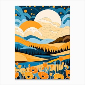 Cartoon Poppy Field Landscape Illustration (29) Canvas Print