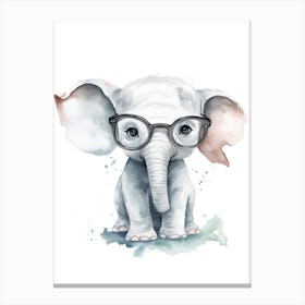 Smart Baby Elephant Wearing Glasses Watercolour Illustration 1 Canvas Print