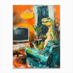 Dinosaur Watching Tv Blue Green Orange 1 Canvas Print