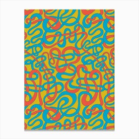 MY STRIPES ARE TANGLED Curvy Organic Abstract Squiggle Shapes in Retro Big Top Circus Colours Blue Red Teal on Mustard Yellow Canvas Print