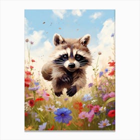 Cute Funny Tanezumi Raccoon Running On A Field Wild 3 Canvas Print