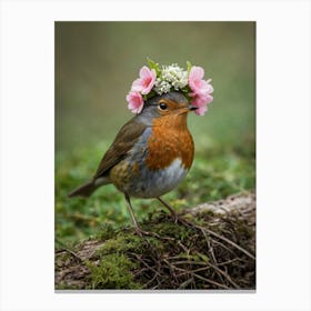 Robin With Flower Crown 4 Canvas Print