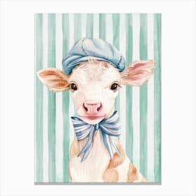 Cow In A Hat and Tie Bow. Whimsical Vintage Illustration, Kids Room Canvas Print