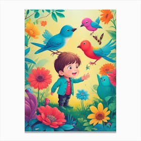 Dreamshaper V7 A Small Kid Is Magical Garden With Birds Sittin 0 Canvas Print