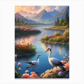 Two Cranes By The Lake Canvas Print