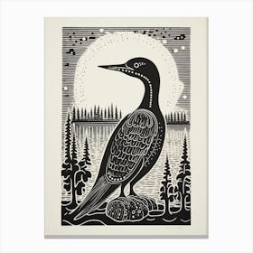B&W Bird Linocut Loon 2 Canvas Print