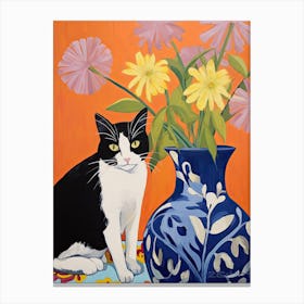 Delphinium Flower Vase And A Cat, A Painting In The Style Of Matisse 2 Canvas Print