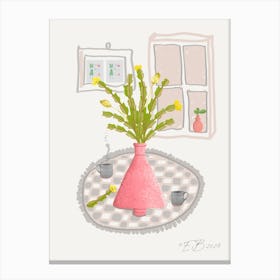 Cactus Leaves In Pink Vase Still Life Canvas Print