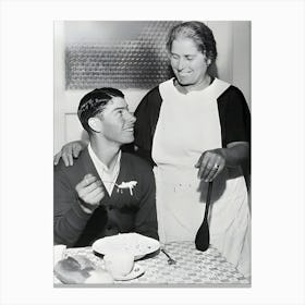 Joe Dimaggio Eating Spaghetti While His Mother Rosalie Looks On Canvas Print