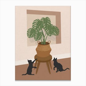 Minimal art Two Cats And A Potted Monstera Plant Canvas Print