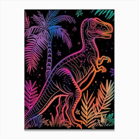 Neon Dinosaur With The Palm Trees At Night Canvas Print