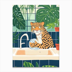 Boho Leopard Washing Dishes Canvas Print