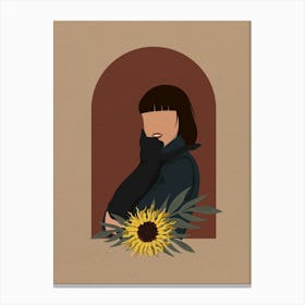 Minimal art Portrait Of A Woman Holding A Sunflower and Cat Canvas Print