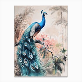 Watercolour Peacock With Tropical Leaves 2 Canvas Print