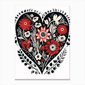 Folky Black Heart Floral Linocut Style 2 Canvas Print