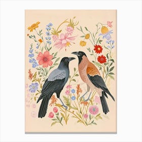 Folksy Floral Animal Drawing Crow Canvas Print
