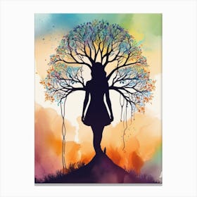 Tree Of Life and Woman Silhouette Watercolor Splash 1 Canvas Print