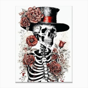 Floral Skeleton With Hat Ink Painting (46) Canvas Print