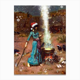 The Magic Christmas Circle - Witch in a Santa Hat Casting a Spell in the Snow - John Wiliam Waterhouse Canvas Print