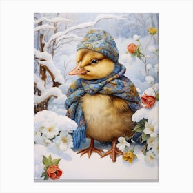 Snowy Duckling With Hat & Scarf Detailed Painting 1 Canvas Print