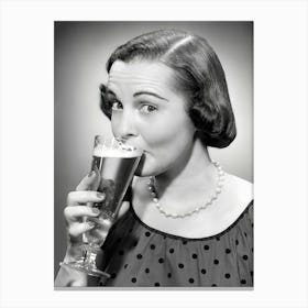Woman Drinking A Beer Vintage Black and White Photo Canvas Print