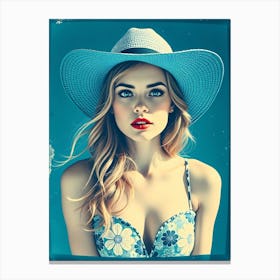 Beauty with Cowboy Hat - Blue Washed Canvas Print