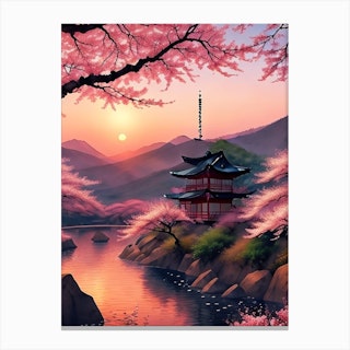 Pagoda and Cherry Blossoms - Beautiful Japanese Watercolor Landscape | Art  Board Print