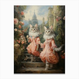 Two Cats In Pink Dresses At A Medieval Courtyard Canvas Print