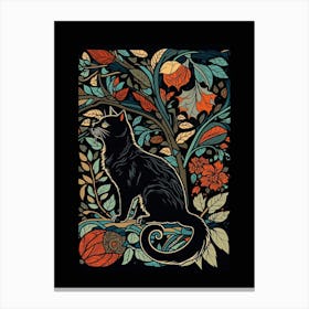 William Morris  Inspired Cats Collection Black Background Leaves Canvas Print