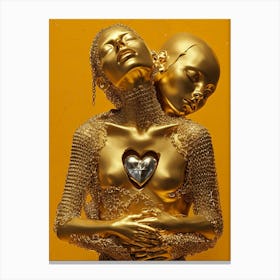 GOLDEN EMBRACE DIGITAL ART PRINT OF FIGURES WITH A HEART AND CHAIN-LINK DETAILS Canvas Print