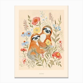 Folksy Floral Animal Drawing Sloth 2 Poster Canvas Print