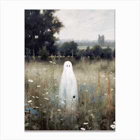 Cute Bedsheet Ghost In Flower Landscape Vintage Style, Halloween Spooky 6 Canvas Print
