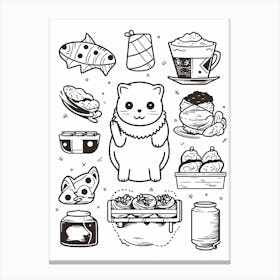 Cat And Sushi Black And White Line Art Canvas Print
