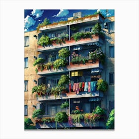 Lofi Anime Art: Lively apartment facade with lush balcony plants, colorful laundry, and sunny urban charm. Perfect for nostalgic city vibes. Canvas Print