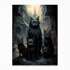 Spooky Black Cat In Smoky Medieval Street Canvas Print