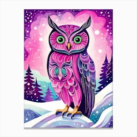 Pink Owl Snowy Landscape Painting (59) Canvas Print