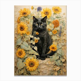 Black Cat In Sunflowers Canvas Print