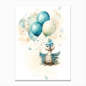 Baby Peacock Flying With Ballons, Watercolour Nursery Art 1 Canvas Print