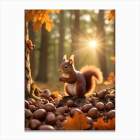 Red Squirrel In An Autumn Forest With Acorns Canvas Print